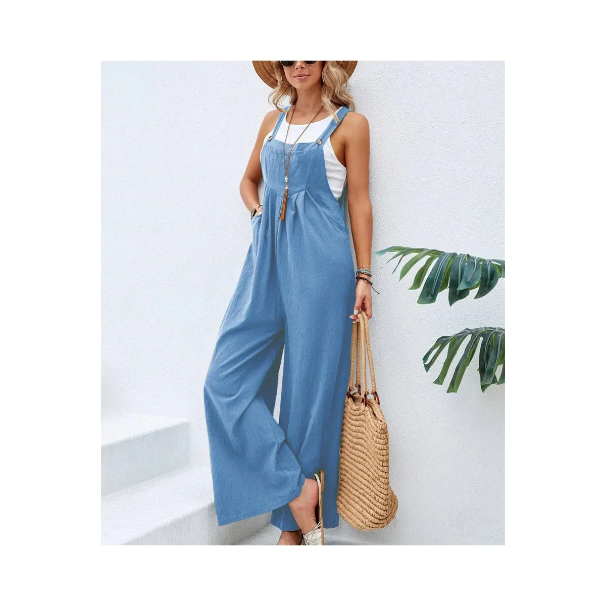 Retro Casual Cotton Suspender Long Pant Pockets Button Wide Leg Strap Jumpsuit Loose Rompers Overalls-Dollar Bargains Online Shopping Australia