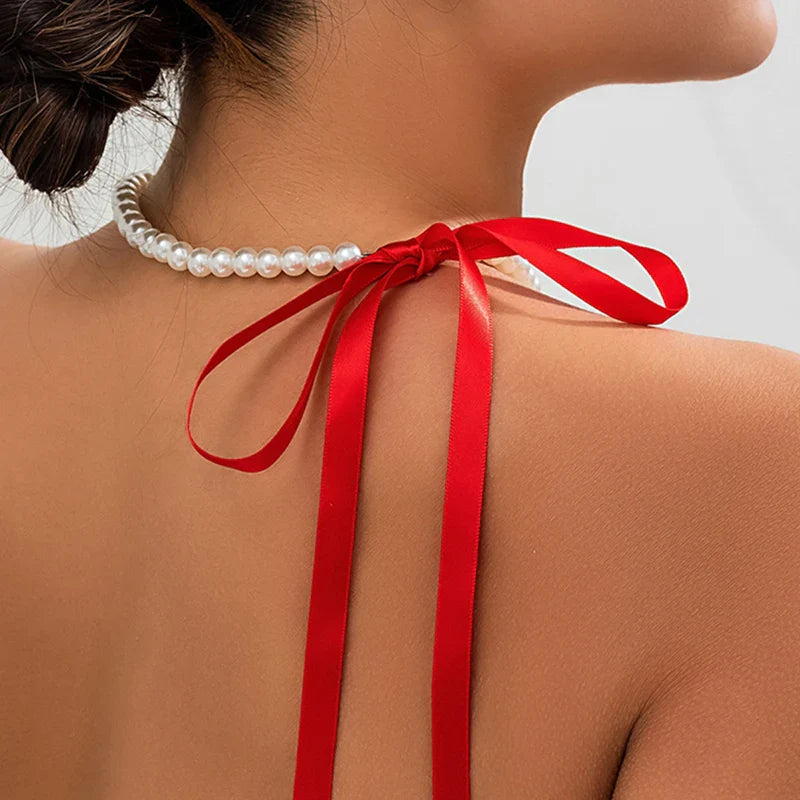 Wedding Party Jewelry Long Black Ribbon Choker Necklace For Women Elegant White Imitation Pearl Beach Vacation Necklaces-Dollar Bargains Online Shopping Australia