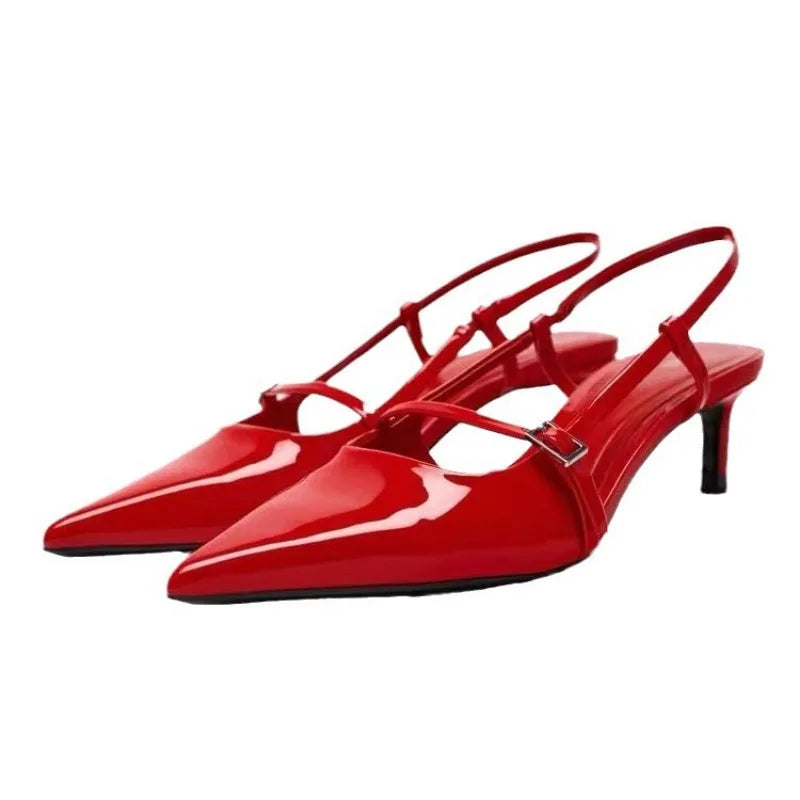 Patent Leather Women Sandals Sexy Pointed Toe Back Strap Buckle Summer Slingback Footwear Large Size High Heel Red Wedding Shoes-Dollar Bargains Online Shopping Australia