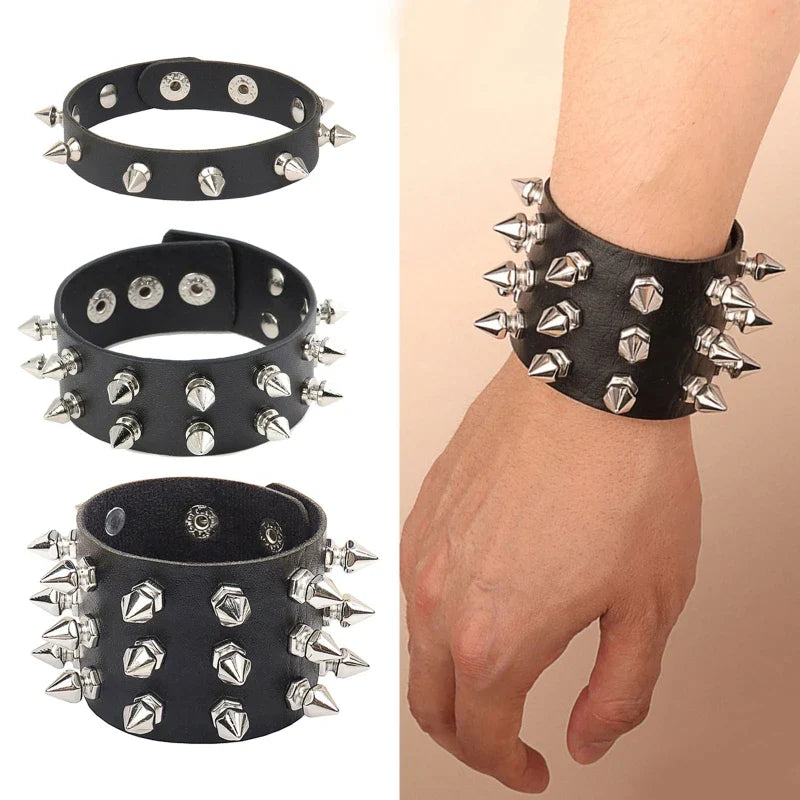 Punk Bracelet for Men Women - Goth Black Leather Wristband with Metal Spike Studded- Spike Rivets Cuff Bangle Adjustable-Dollar Bargains Online Shopping Australia