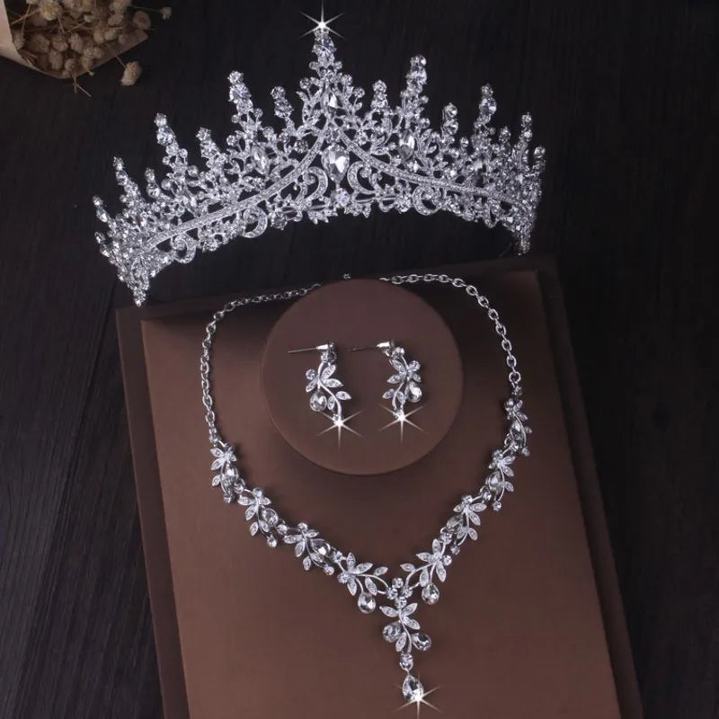 Silver Color Crystal Bridal Jewelry Sets Fashion Tiaras Crown Earrings Choker Necklace Women Wedding Dress Jewelry Set-Dollar Bargains Online Shopping Australia