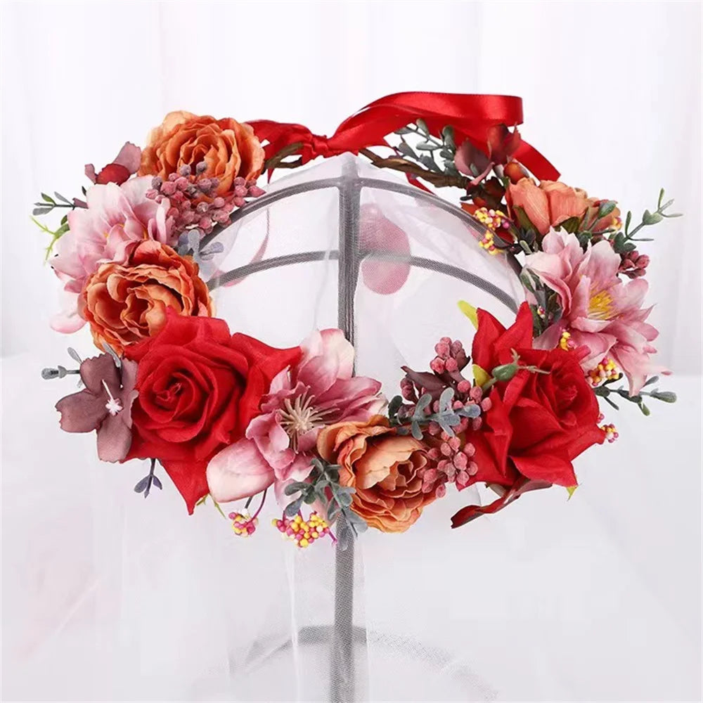 Artificial Flower Wreath Bride Women Bohemia Beach Flower Crown Hair Band Wedding Floral Headband Garland Girl Hair Accessorie