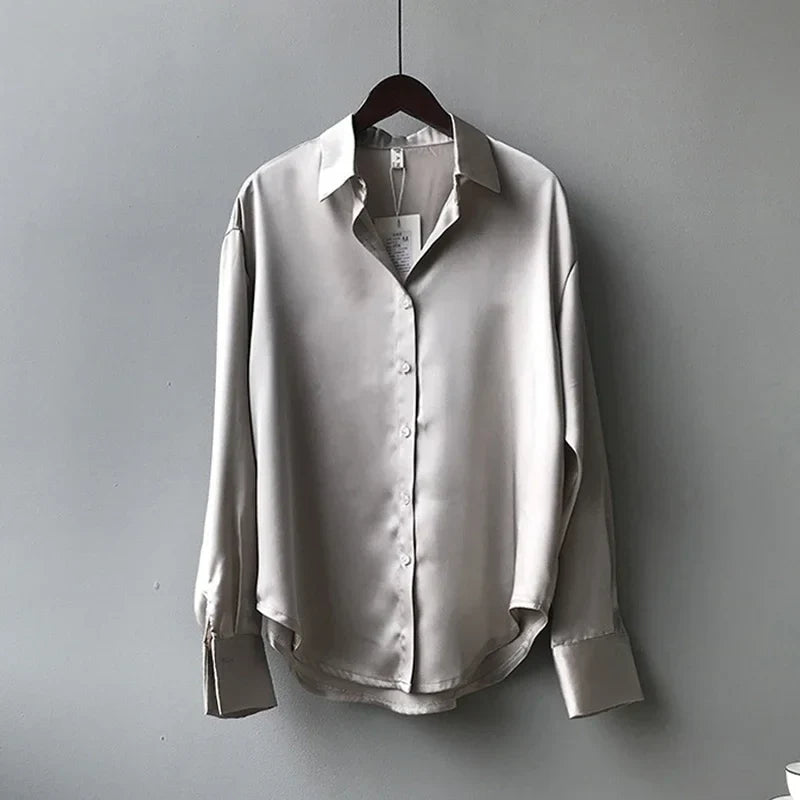 Silk Korean Office Ladies Elegant Shirt Blouse Women Fashion Button Up Satin Shirt Vintage White Long Sleeve Shirts-Dollar Bargains Online Shopping Australia