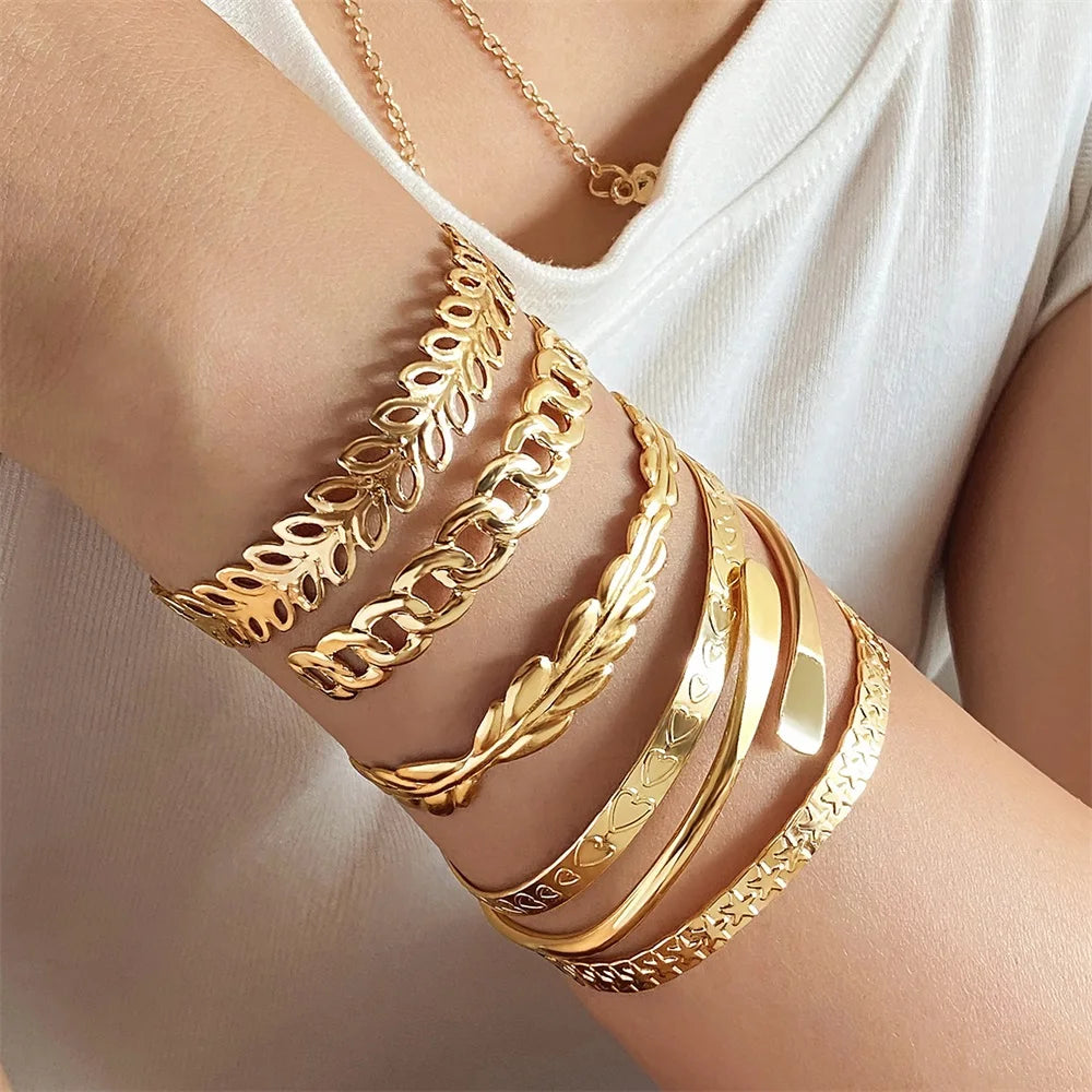 Geometric Engraved Flower Leaf Star Bracelet For Women Girl Fashion Metal Gold Color LOVE Letter Open Bracelet Bangle Gift