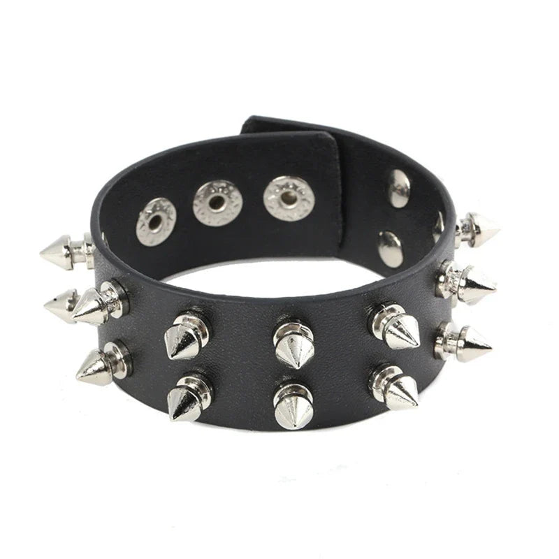 Punk Bracelet for Men Women - Goth Black Leather Wristband with Metal Spike Studded- Spike Rivets Cuff Bangle Adjustable-Dollar Bargains Online Shopping Australia