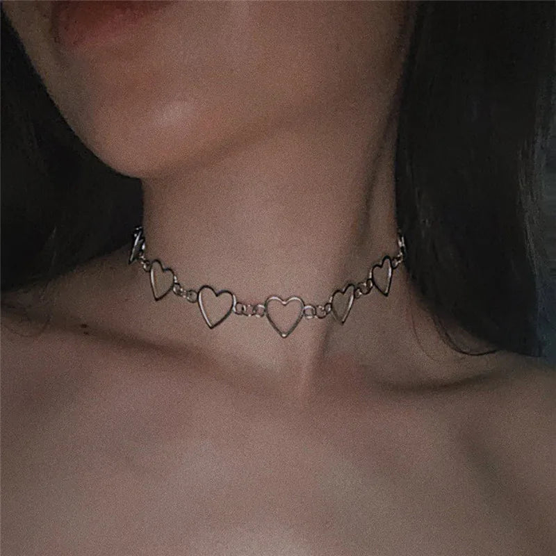 Independent Gothic Metal Hollow Connecting Heart Neck Chain Collar Necklace Women's Cosplay Aesthetic Jewelry