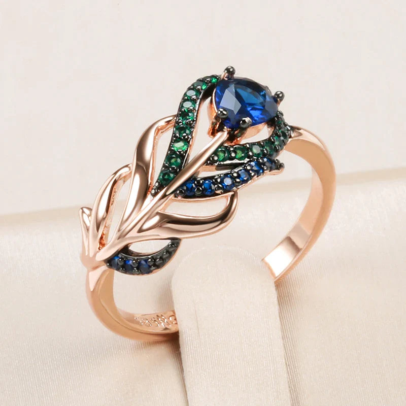 Blue Natural Zircon Ring Rose Gold Vintage Crystal Leaf Daily Fine Jewelry-Dollar Bargains Online Shopping Australia