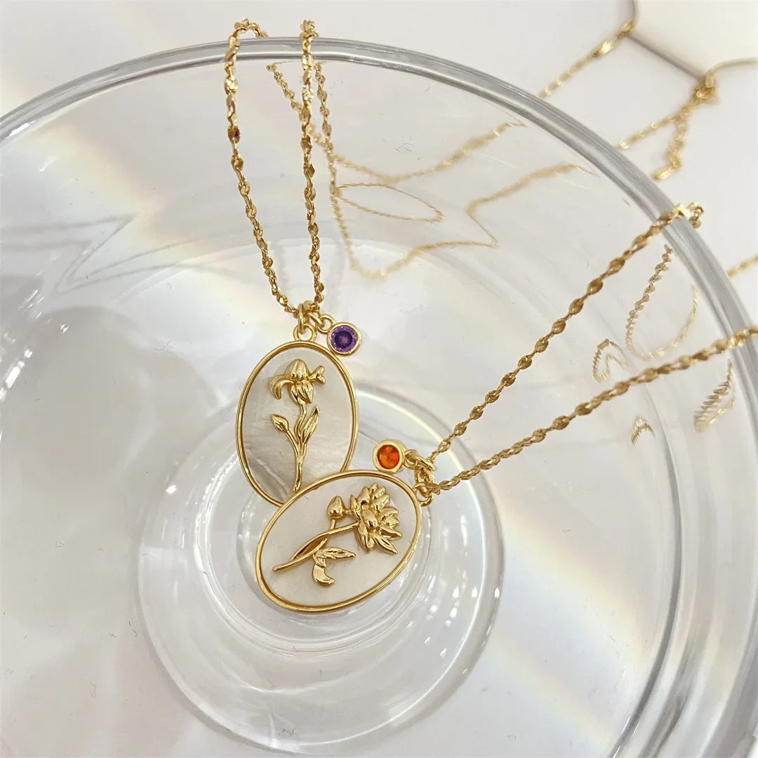 12 Birth Month Flower Birthstone Necklace for Women Charm White Shell Pendant Necklaces Mom Girlfriend Birthday Gift-Dollar Bargains Online Shopping Australia