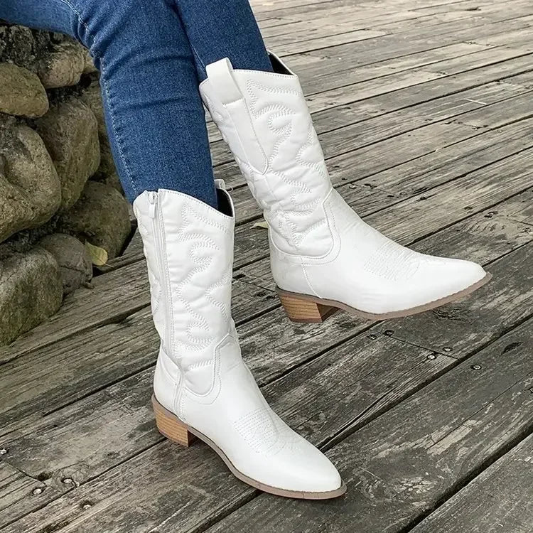 Gold Mid-calf Boots Woman Side Zipper Silver Pointed Western Cowboy Retro Fashion Black Boots Plusn-Dollar Bargains Online Shopping Australia