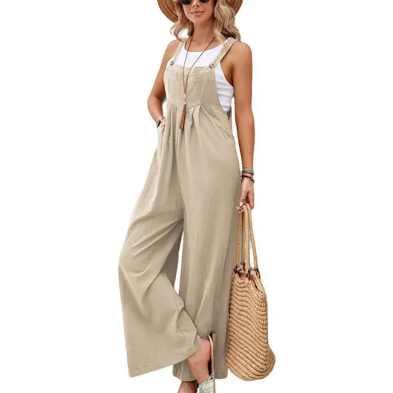 Retro Casual Cotton Suspender Long Pant Pockets Button Wide Leg Strap Jumpsuit Loose Rompers Overalls-Dollar Bargains Online Shopping Australia