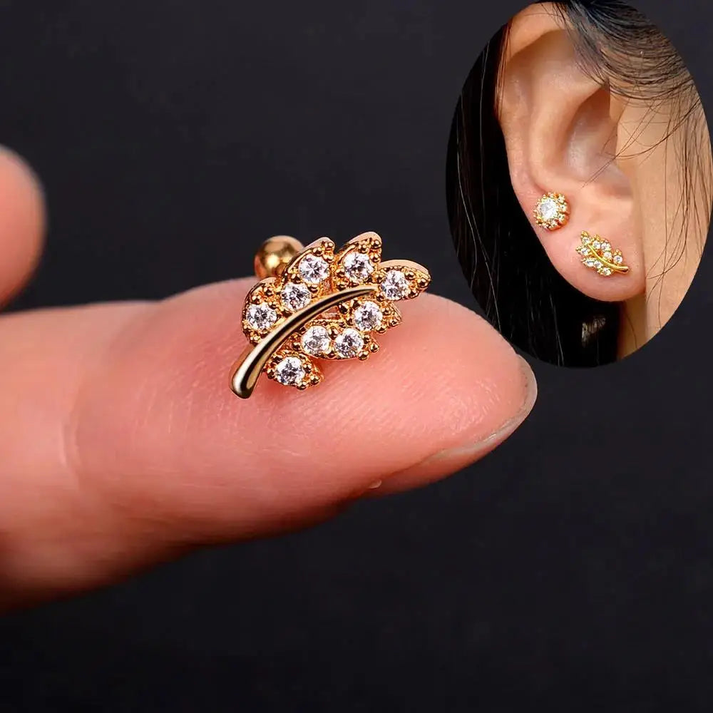 Flower Leaf Tragus Helix Piercing Studs Earrings Women Mini Crystal CZ Stainless Steel-Dollar Bargains Online Shopping Australia