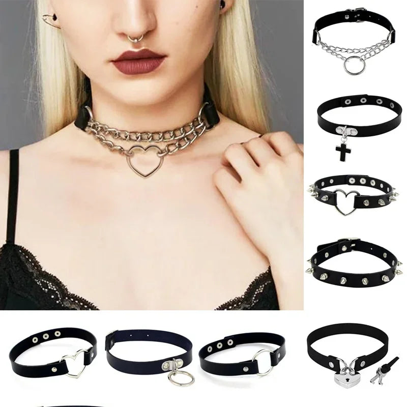 Punk Rock Gothic PU Leather Necklace Heart Round Spike Rivet Collar Studded Choker Chain Necklace