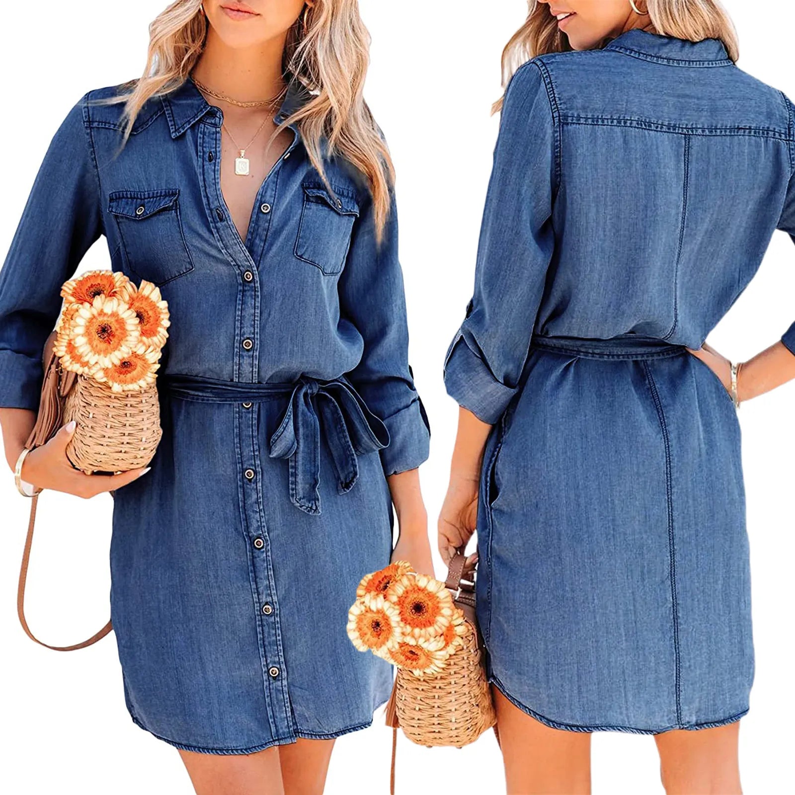 Fashion Women Casual Denim Dress Solid Color Long Sleeve Button-Down Lapel Short Dress with Belt Shirts Dress-Dollar Bargains Online Shopping Australia