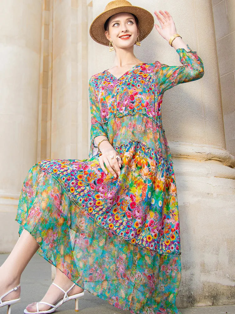 Beach Boho Vintage Print Silk V Neck Dress Elegant Party Robe Designer Loose Midi Dresses-Dollar Bargains Online Shopping Australia