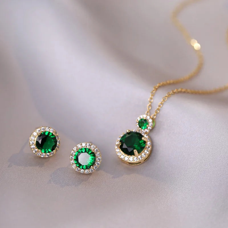 Luxury Fashion Emerald Zircon Round Pendant Necklace Earrings Set Titanium Steel Chain Temperament Jewelry Set for Women Gift-Dollar Bargains Online Shopping Australia