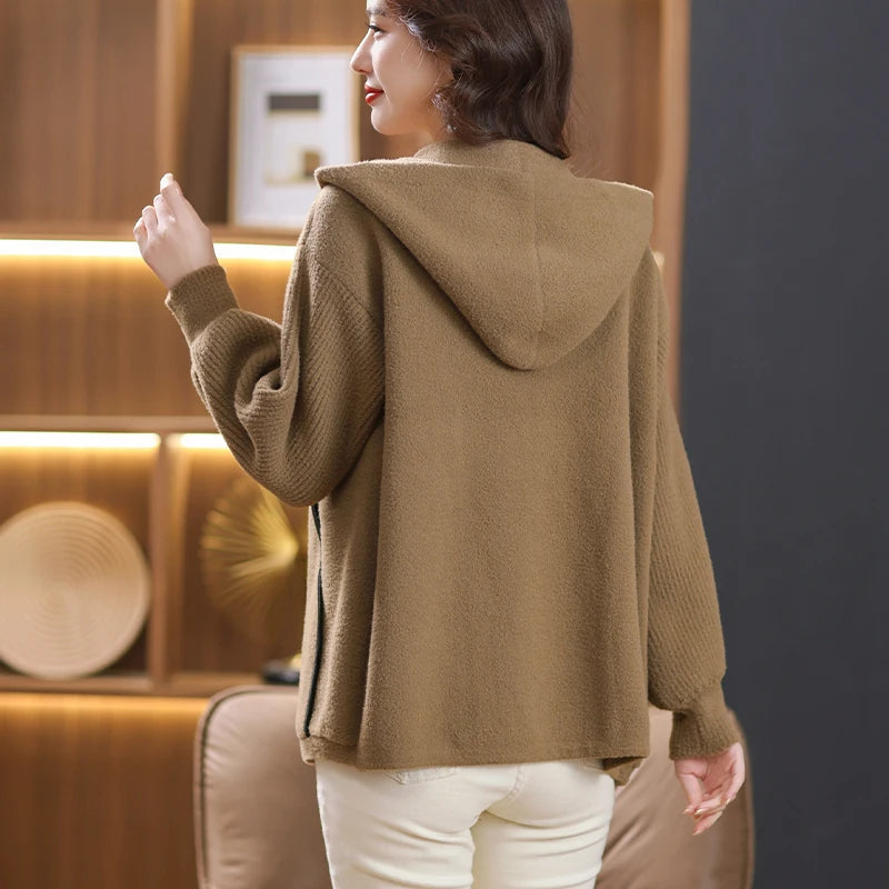 Women Soft Warm Hooded Cardigan Sweater Knitwear Zipper Opening Design Knit Coat