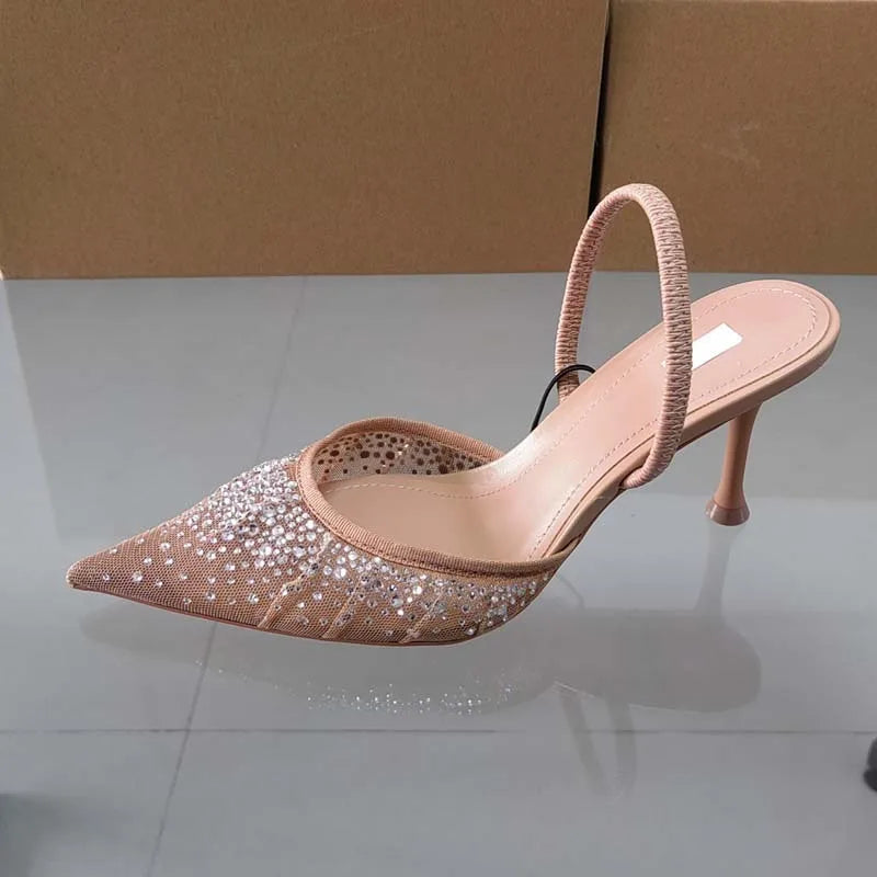 Women's Sandals Water Diamond Bright Mesh High Heels Footwear Elegant Slingback Pointed Slip on Party Lady Shoes-Dollar Bargains Online Shopping Australia