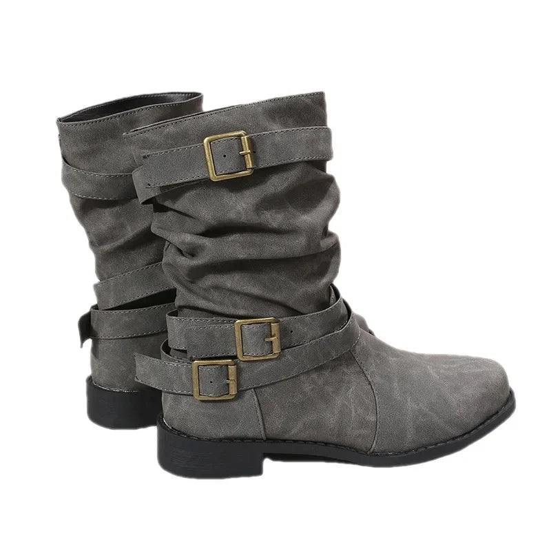 Women Boots European and American Fashion Buckle Pleated Short Boots Autumn and Winter New Flat Boots Women Shoes-Dollar Bargains Online Shopping Australia