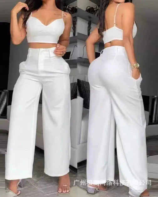 Two Piece Sets Womens Outifits V-Neck Cami Crop Top & Casual White Hollow Out Wide Leg High Waist Pants Set-Dollar Bargains Online Shopping Australia