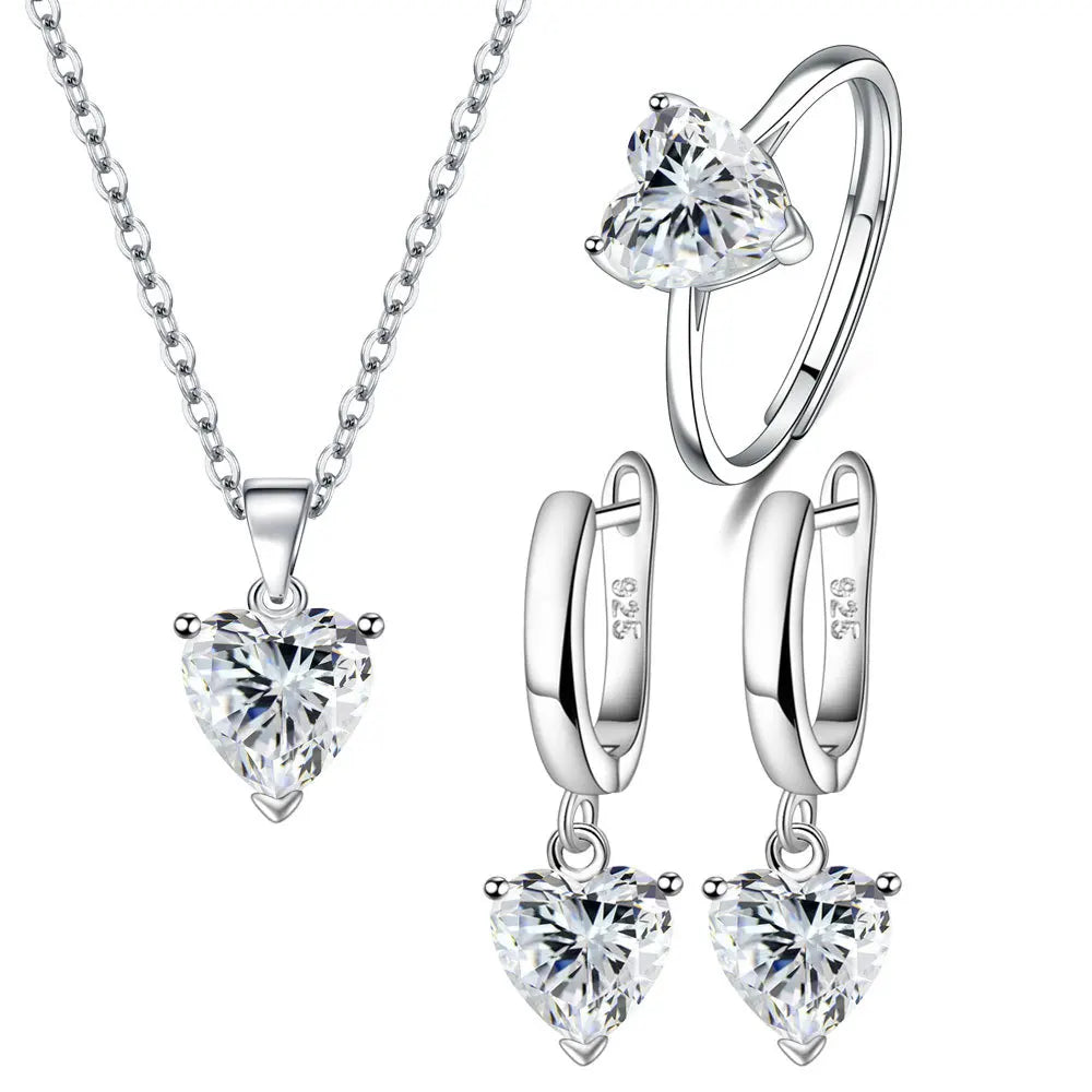 925 Sterling Silver Jewelry Sets For Women Heart Zircon Ring Earrings Necklace Wedding Bridal Elegant-Dollar Bargains Online Shopping Australia