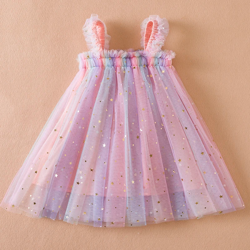 Sweet Girls Summer Flying Sleeve Bow Sequin Dress 2-6Y Kids Birthday Party Pink Fluffy A-line Princess Dress for Cute Baby Girl