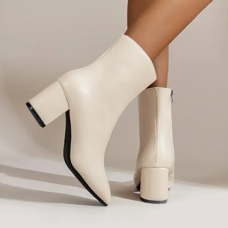 White Ankle Boots for Women Side Zipper Stretch Middle Heel Large Size Short Boot Fashion Pointed Shoes-Dollar Bargains Online Shopping Australia