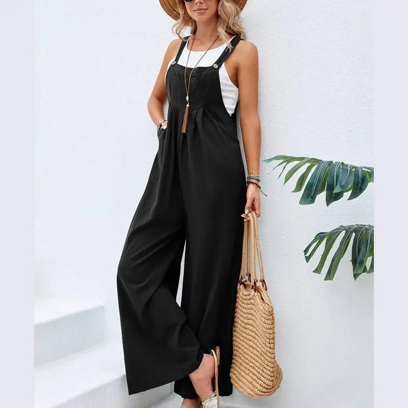 Retro Casual Cotton Suspender Long Pant Pockets Button Wide Leg Strap Jumpsuit Loose Rompers Overalls-Dollar Bargains Online Shopping Australia