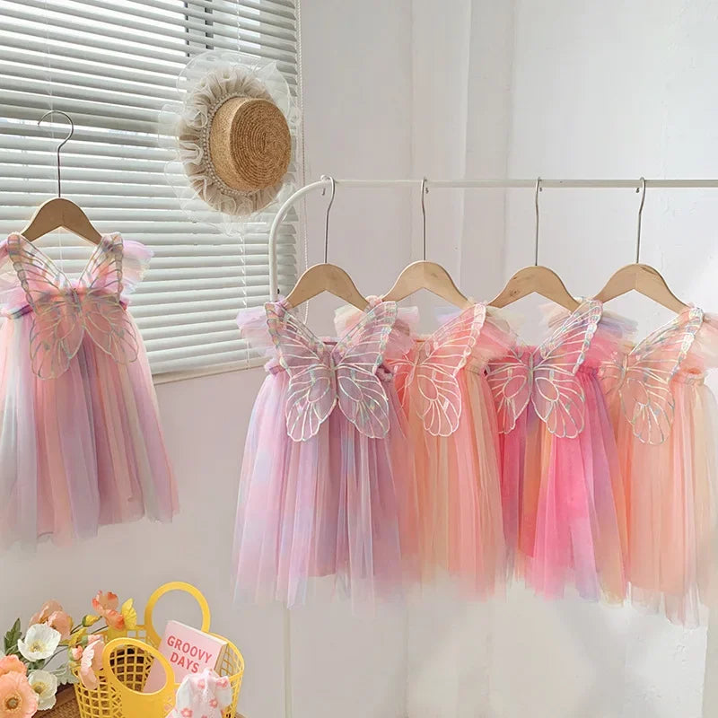 Girls Organza Wings Rainbow Mesh Dress Sleeve Baby Princess Dress Birthday Party-Dollar Bargains Online Shopping Australia