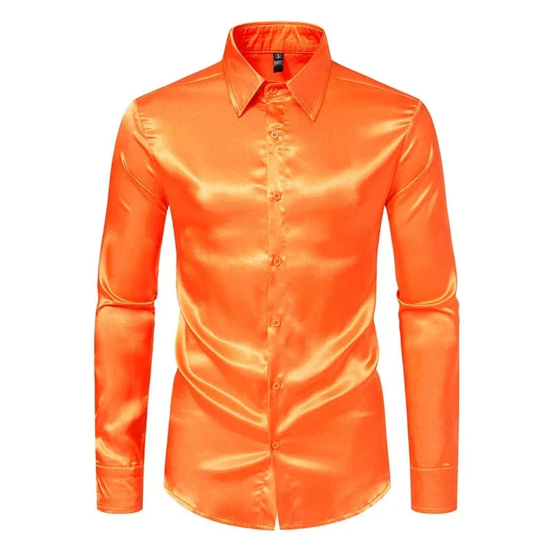 Orange Mens Silk Satin Shirt 70s Disco Dance Nightclub Dress Shirts Men Party Wedding Long Sleeve Casual Shirt-Dollar Bargains Online Shopping Australia