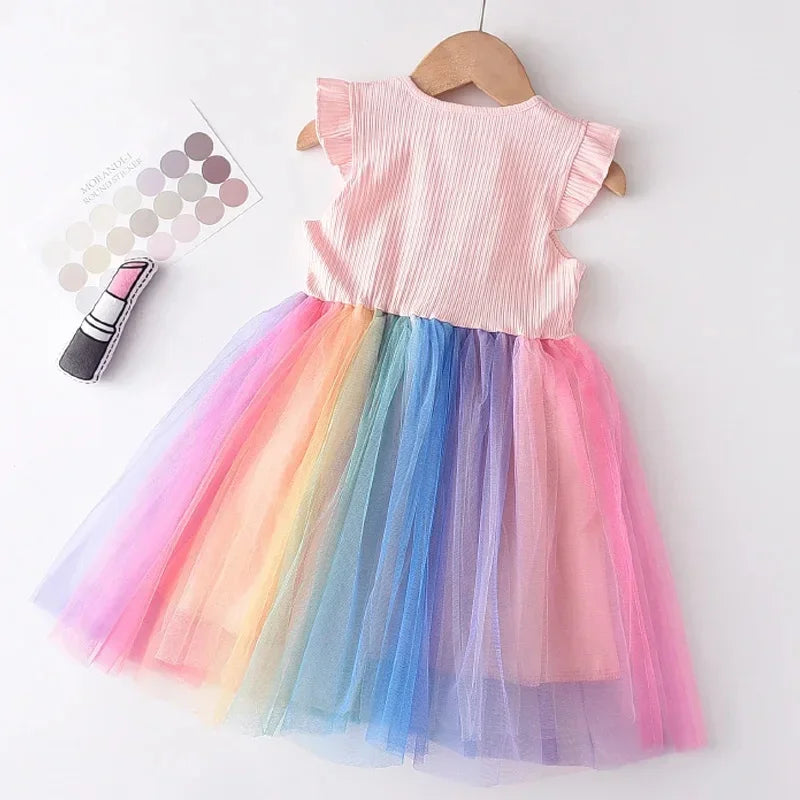 Flying Sleeve Girls Colorful Dress Summer Kids Rainbow Mesh Party Dresses Children Clothing Outfits