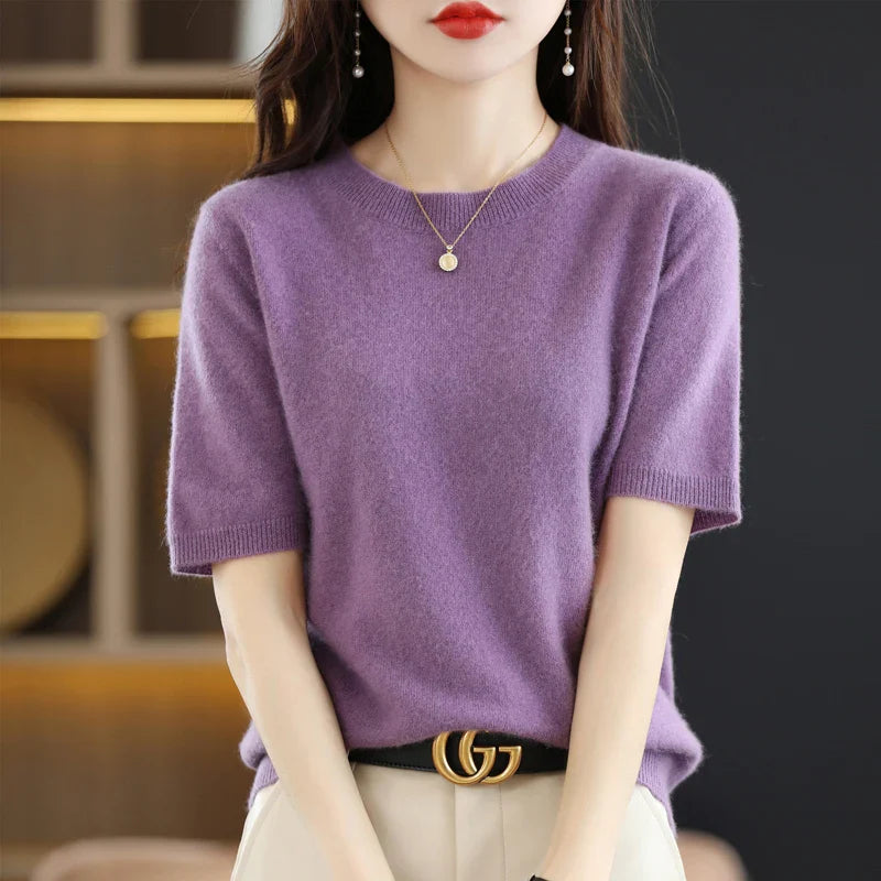 Short-sleeved Knitwear Women O-neck T-shirt Wool Cotton Blend Pullover Vest Sprig Summer Bottoming Tops Sweater Solid Soft-Dollar Bargains Online Shopping Australia