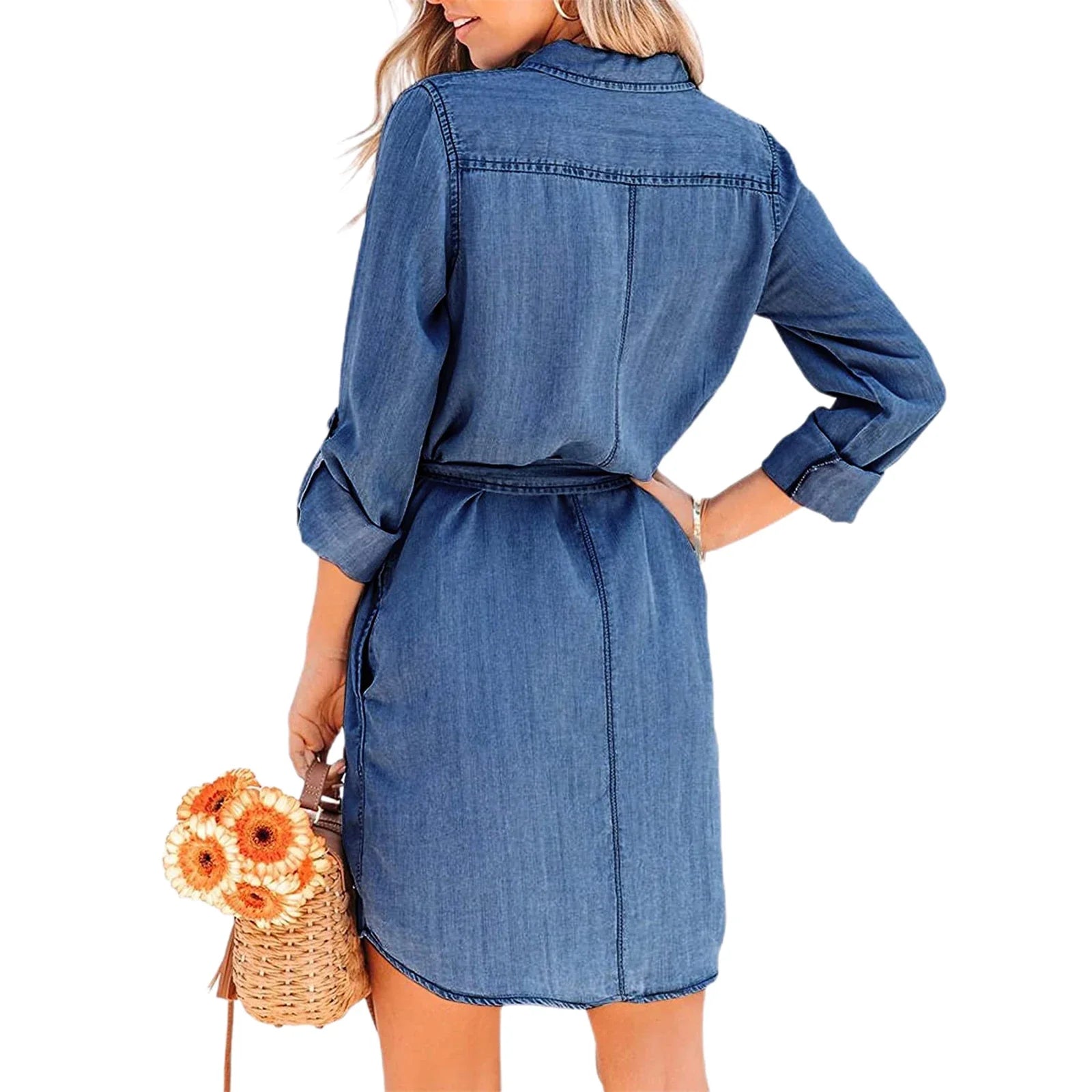 Fashion Women Casual Denim Dress Solid Color Long Sleeve Button-Down Lapel Short Dress with Belt Shirts Dress-Dollar Bargains Online Shopping Australia