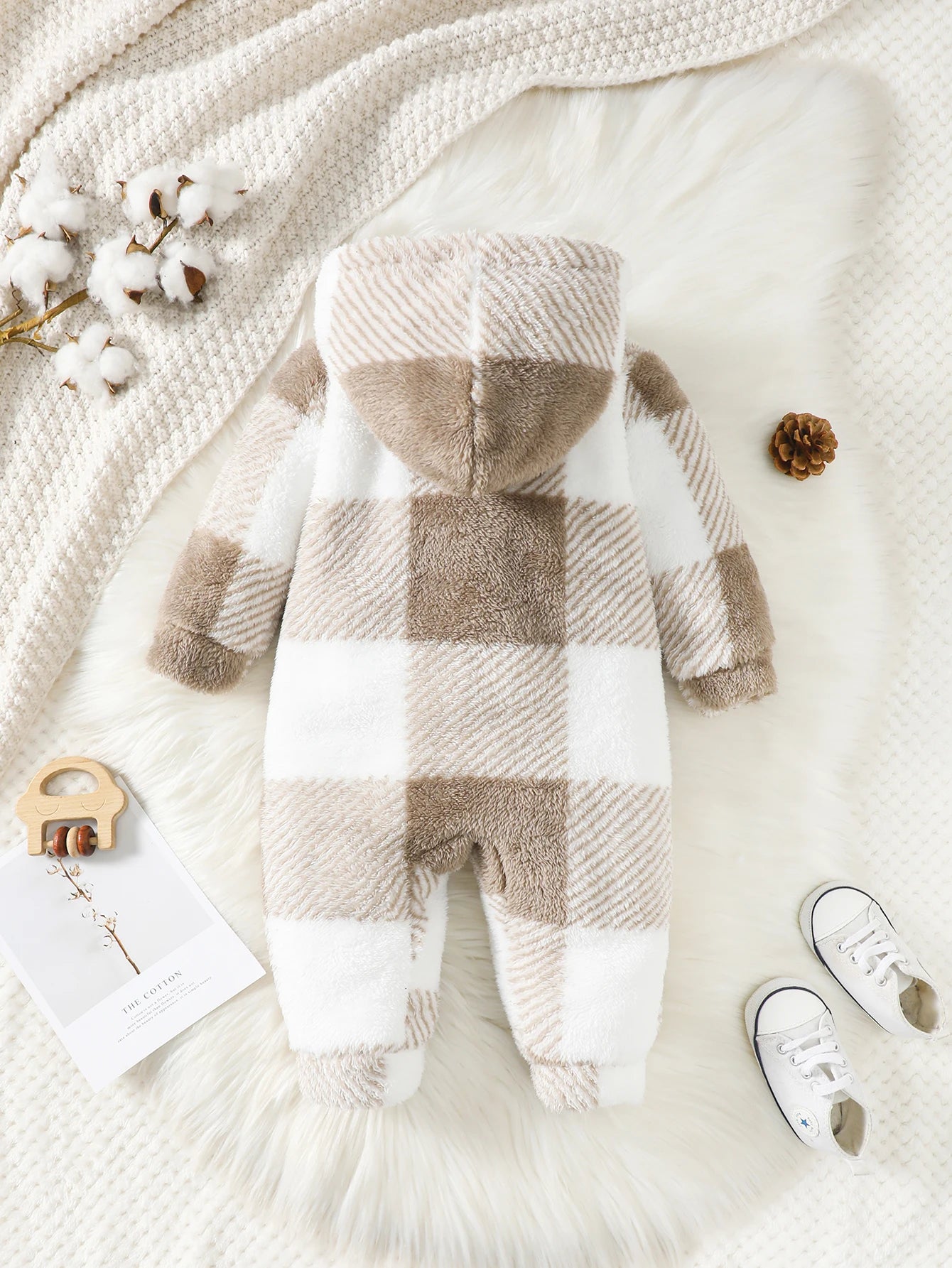 Baby Boys and Girls Plaid Romper Hooded Long Sleeved  Plush Jumpsuit Winter Warm Bodysuit Clothes