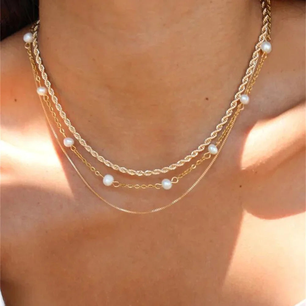 Vintage Silver-plate Geometric Exaggerated Artificial Pearl Chain Necklace For Women Female Fashion Boho Y2K Girl Jewelry Gift-Dollar Bargains Online Shopping Australia