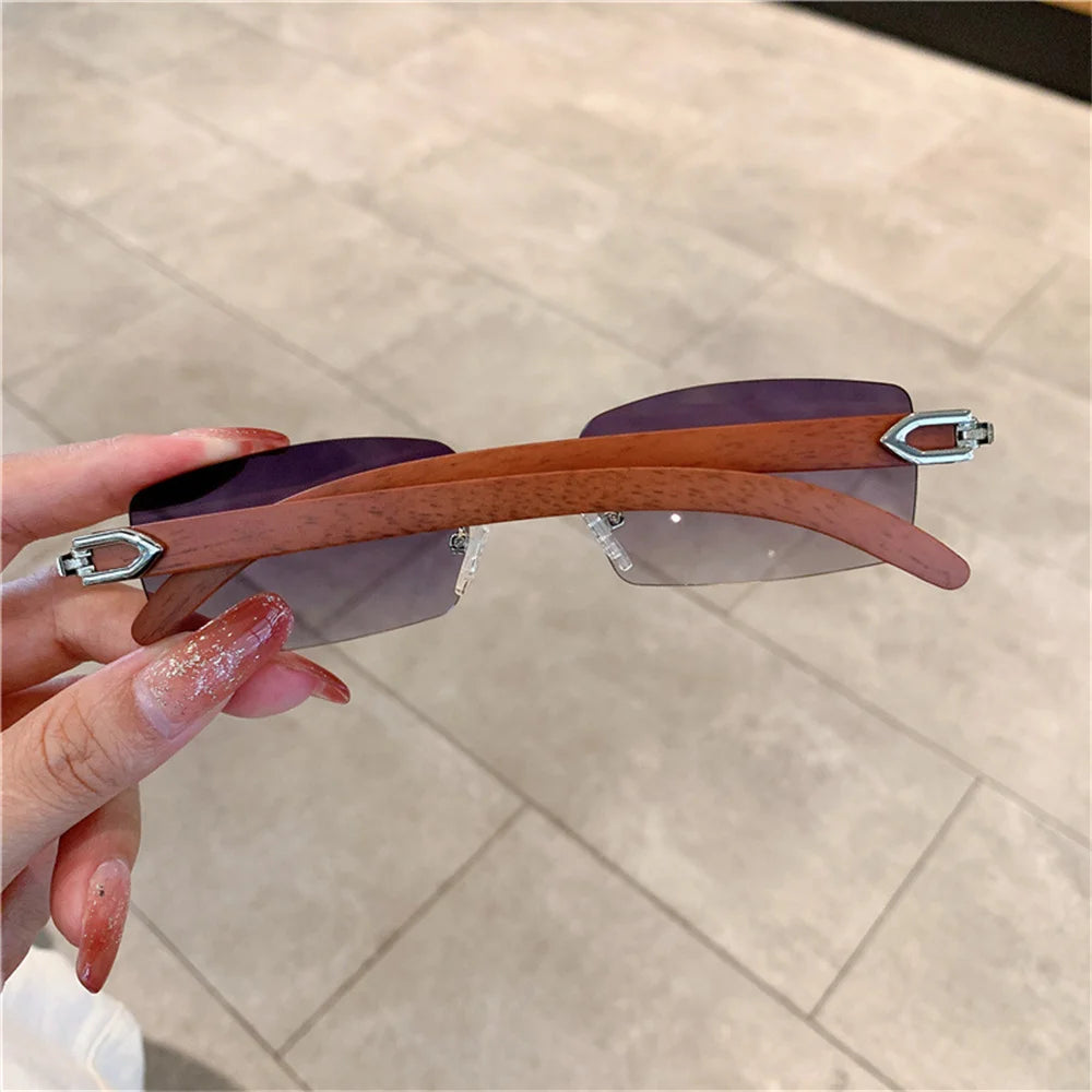 Rectangle Rimless Sunglasses Wooden Frame Eyewear Luxury Brand Design Women Men Small Square Sun Glasses for Male Traveling