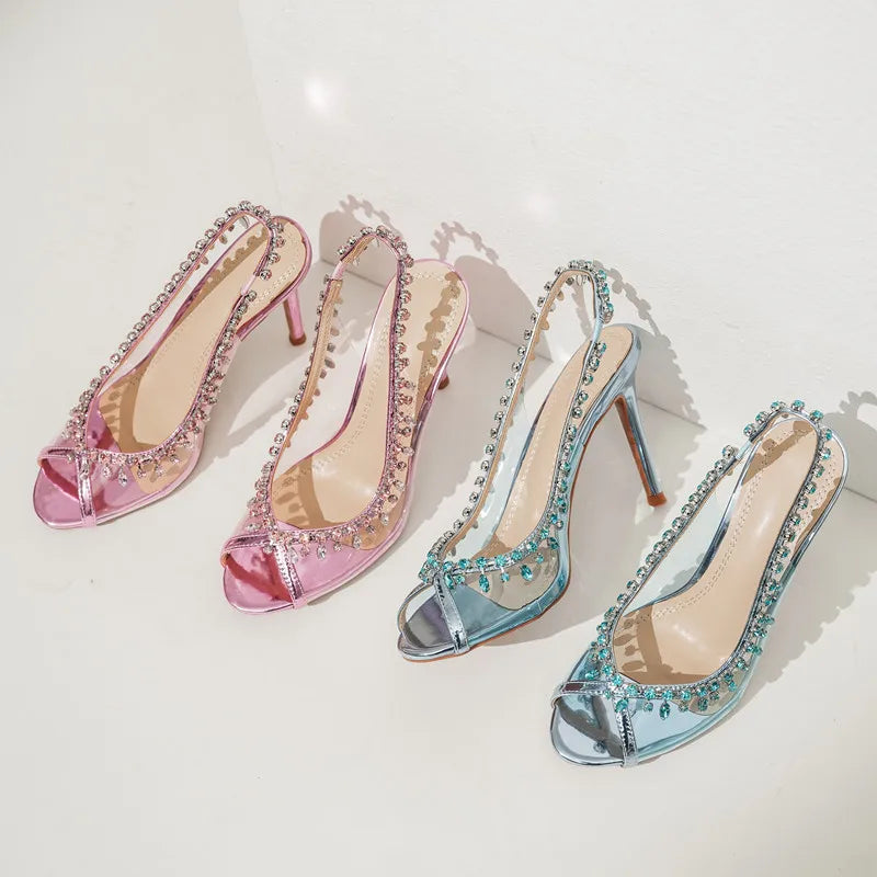 Luxury Crystal Pendant Slingbacks Women Pumps Sexy Peep Toe Transparent PVC Thin High heels Spring Autumn Party Wedding Shoes-Dollar Bargains Online Shopping Australia