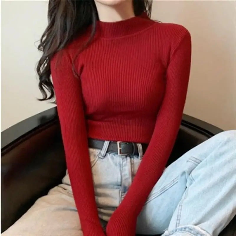 Sweater Top Women Ribbed Soft Mock Neck Elastic Pullover Warm Solid Color Slim Jumper-Dollar Bargains Online Shopping Australia