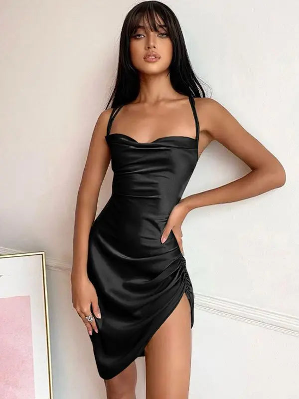 Satin Women Strap Mini Dress Ruched Lace Up Cross Bandage Backless Bodycon Sexy Party Elegant-Dollar Bargains Online Shopping Australia