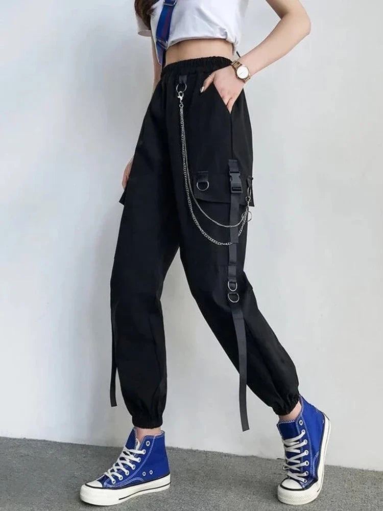 Women Cargo Pants Harem Pants Fashion Punk Pockets Jogger Trousers With Chain Harajuku Elastics High Waist Streetwear-Dollar Bargains Online Shopping Australia