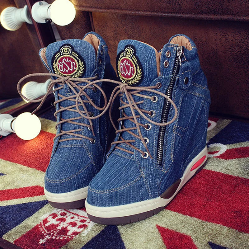 Denim Wedges high top sneakers Platform Casual Fashion Woman Zipper Vulcanized Shoes Thick Bottom