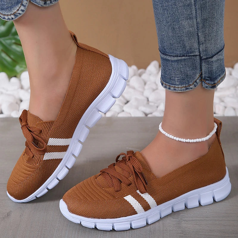 Mesh Knitted Striped Flats Shoes Women Lace Up Casual Sneakers Woman Breathable Soft Sole Loafers-Dollar Bargains Online Shopping Australia