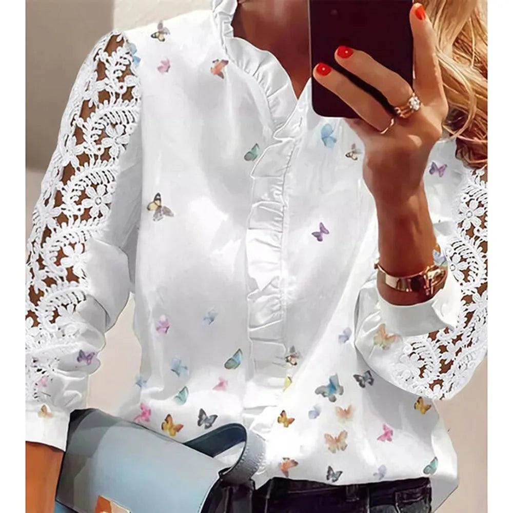 Solid Button Lace Splice V-Neck Women's Shirt Top White Women