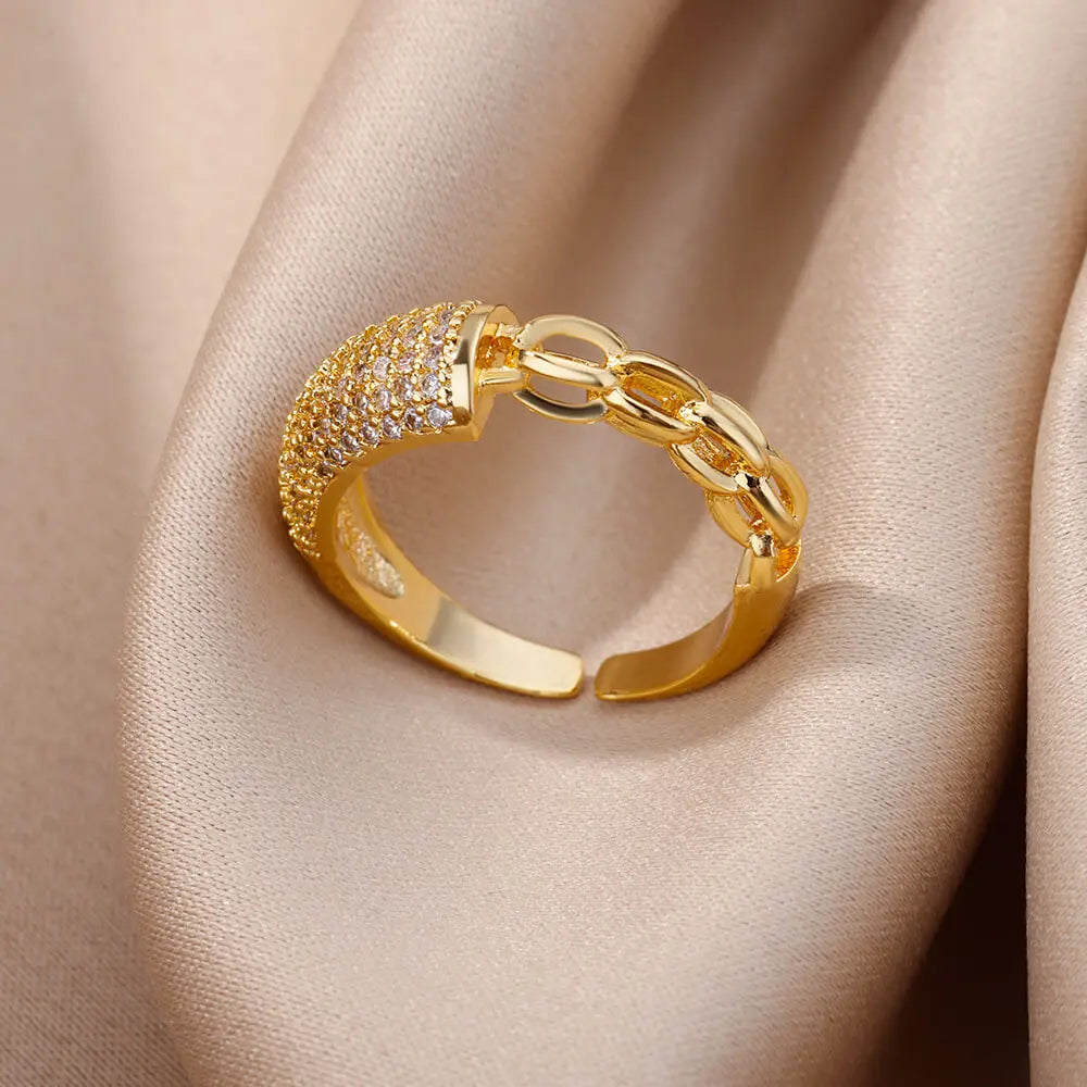 Gold Color Stainless Steel Rings For Women Chain Hollow Out Crystal Zircon Finger Ring-Dollar Bargains Online Shopping Australia