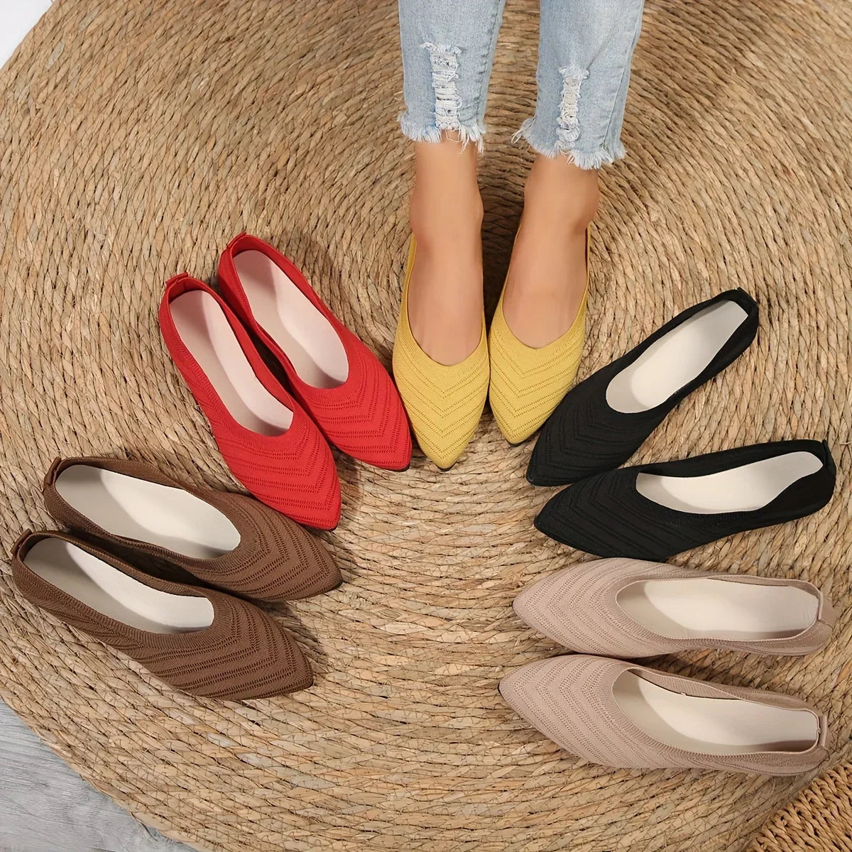 Pointed Toe Flat Shoes Women Solid Color Knitted Slip on Shoes Casual Breathable Ballet Flats Women Loafers Comfort Ladies Shoes-Dollar Bargains Online Shopping Australia