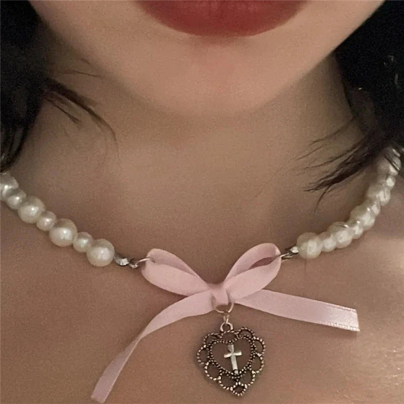 Kpop Goth Y2K Cute Pink Ribbon Bowknot Heart Pendant Pearl Beads Choker Necklace Girl Charm EMO 2000s Lolita Jewelry Accessories-Dollar Bargains Online Shopping Australia