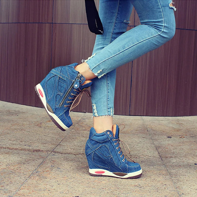 Denim Wedges high top sneakers Platform Casual Fashion Woman Zipper Vulcanized Shoes Thick Bottom