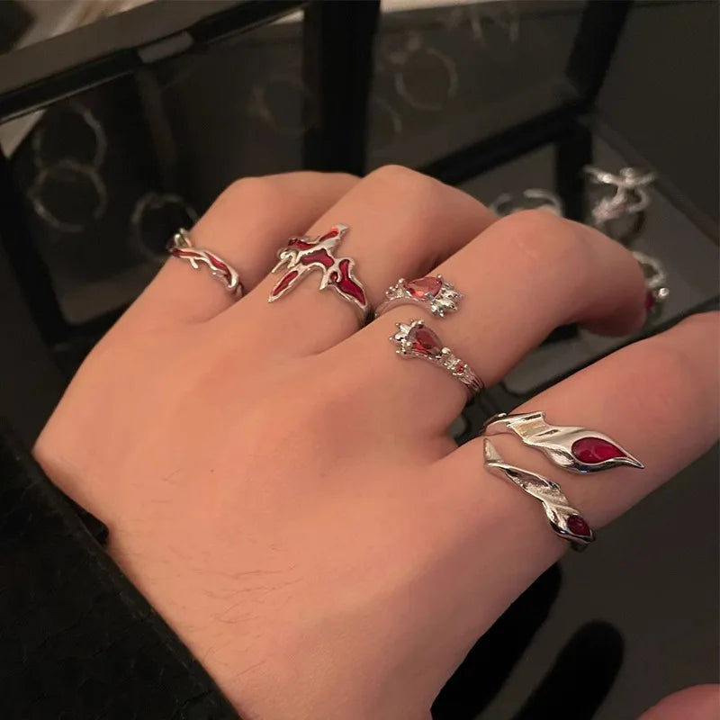 Vintage Red Enamel Cross Open Rings For Women Men Punk Hip Hop Irregular Lava Texture Rings Y2K Aesthetic Jewelry-Dollar Bargains Online Shopping Australia