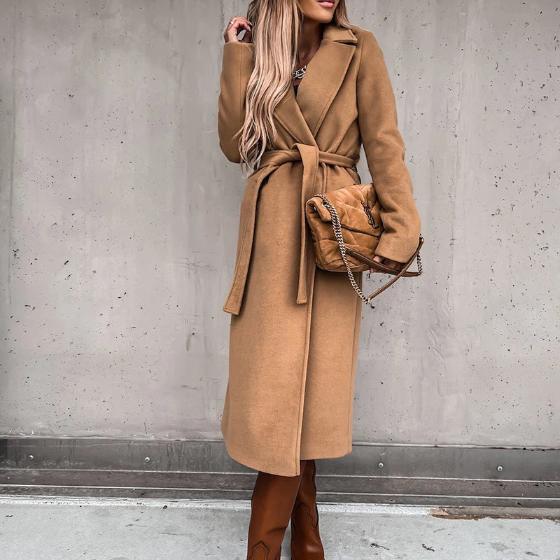 Warm Long Women Woolen Coat with Belt Casual Elegant Solid Color Female Windbreakers Overcoat