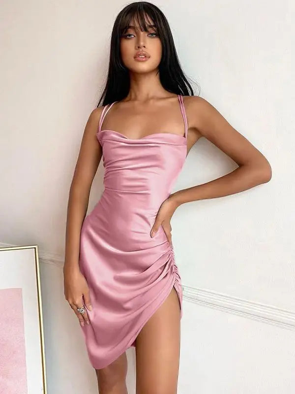 Satin Women Strap Mini Dress Ruched Lace Up Cross Bandage Backless Bodycon Sexy Party Elegant-Dollar Bargains Online Shopping Australia