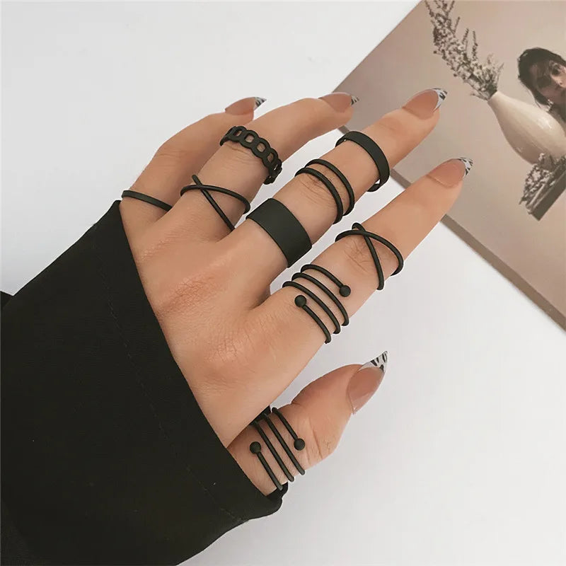 Fashion Women Ring Set Punk Cool Anillos Vintage Simple Black Cross Chain Joint Rings Sets Women Accessories Jewelry Gifts Party